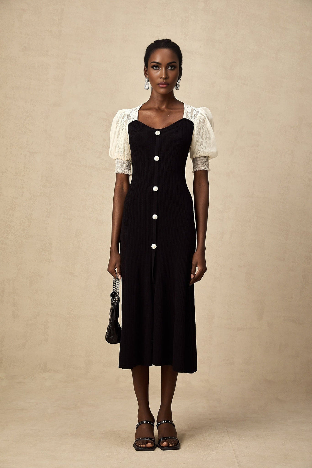 Leslie Midi Dress Sweetheart Neck Lace Panelled Puff Sleeves