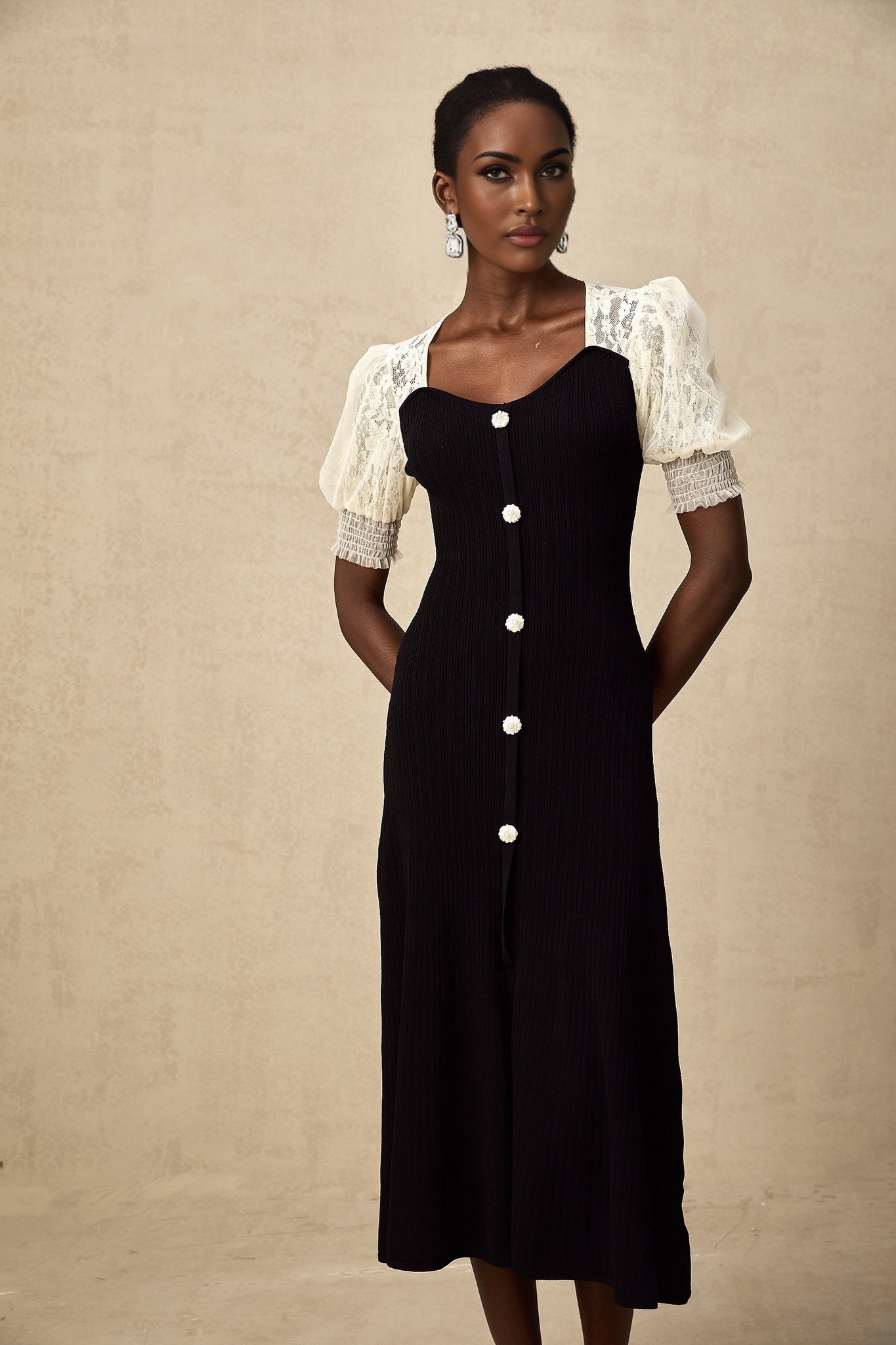 Leslie Midi Dress Sweetheart Neck Lace Panelled Puff Sleeves