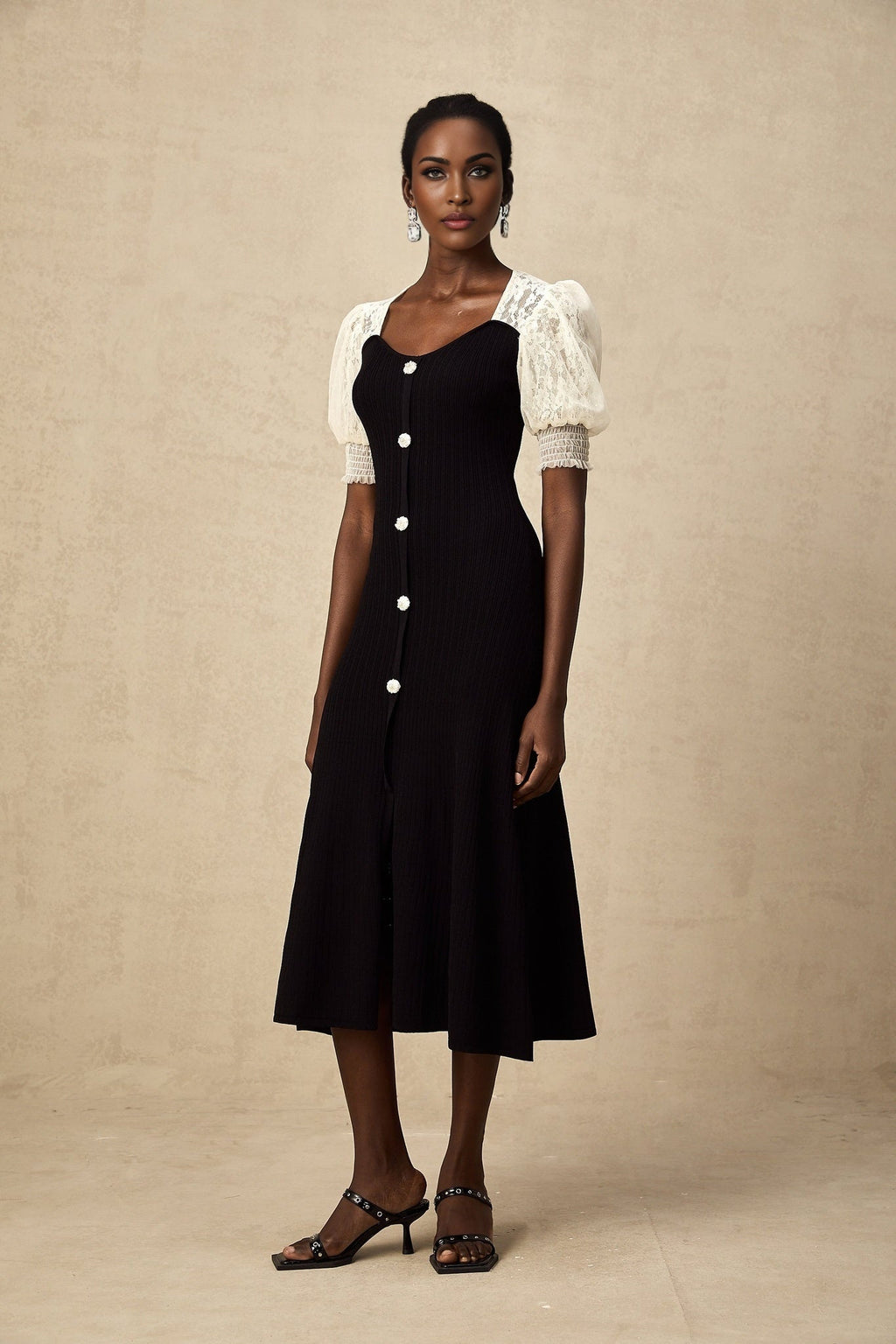Leslie Midi Dress Sweetheart Neck Lace Panelled Puff Sleeves