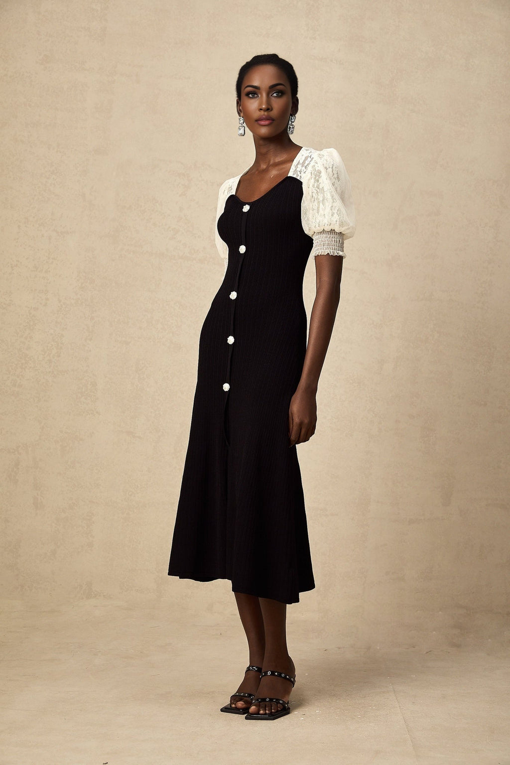 Leslie Midi Dress Sweetheart Neck Lace Panelled Puff Sleeves