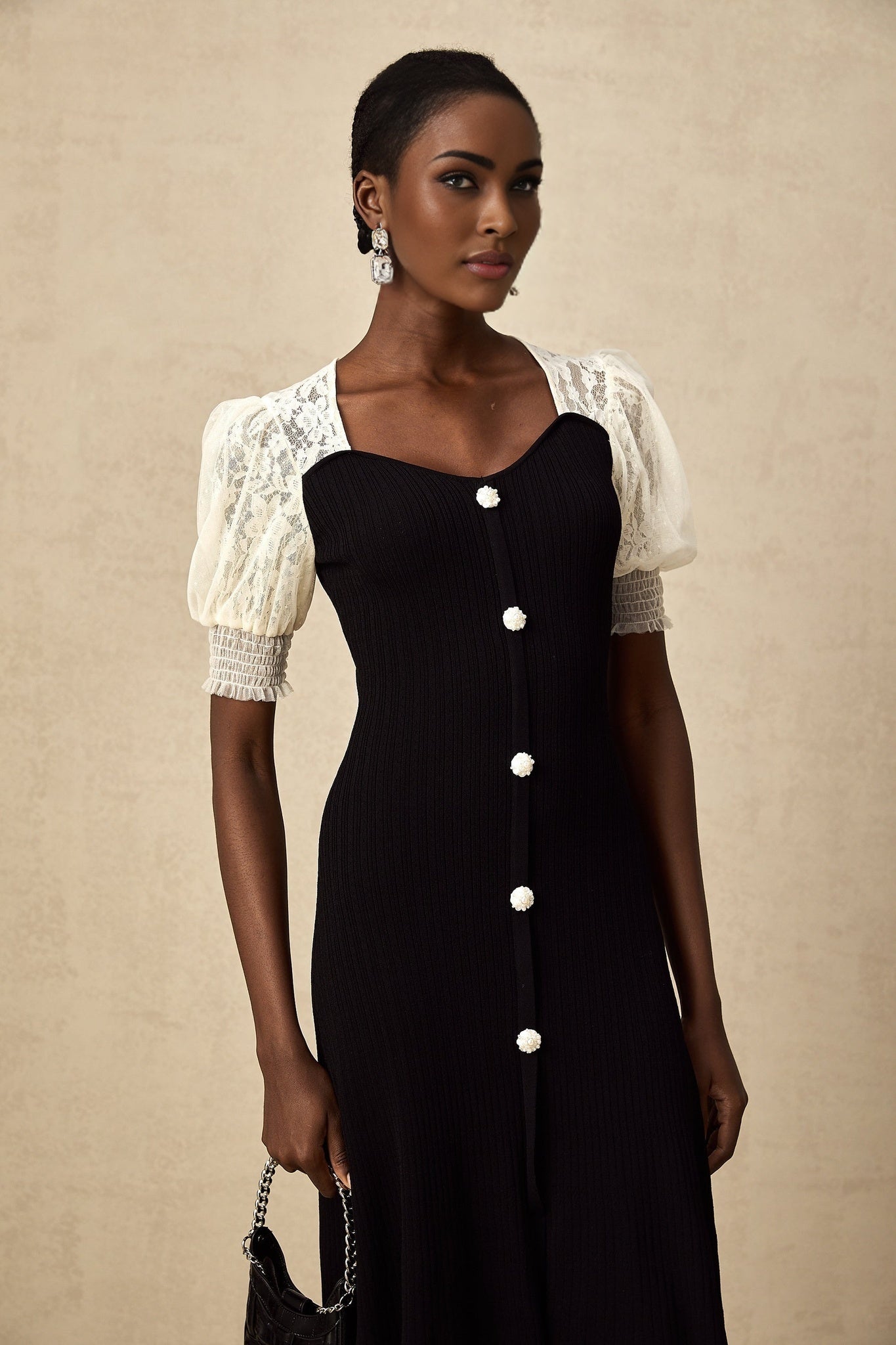Leslie Midi Dress Sweetheart Neck Lace Panelled Puff Sleeves