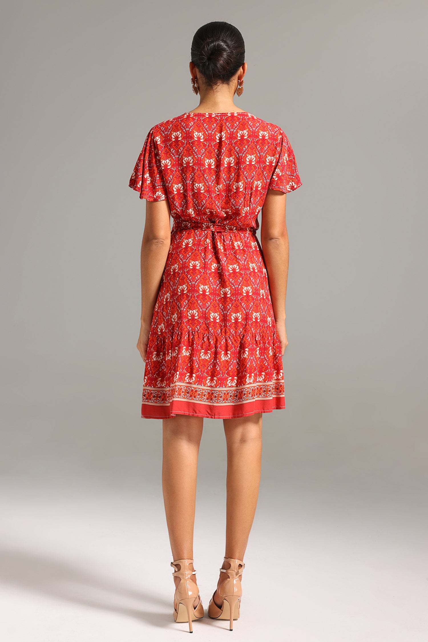 Leslie Red Floral Print V-Neck Dress with Flutter Sleeves and Tie Waist