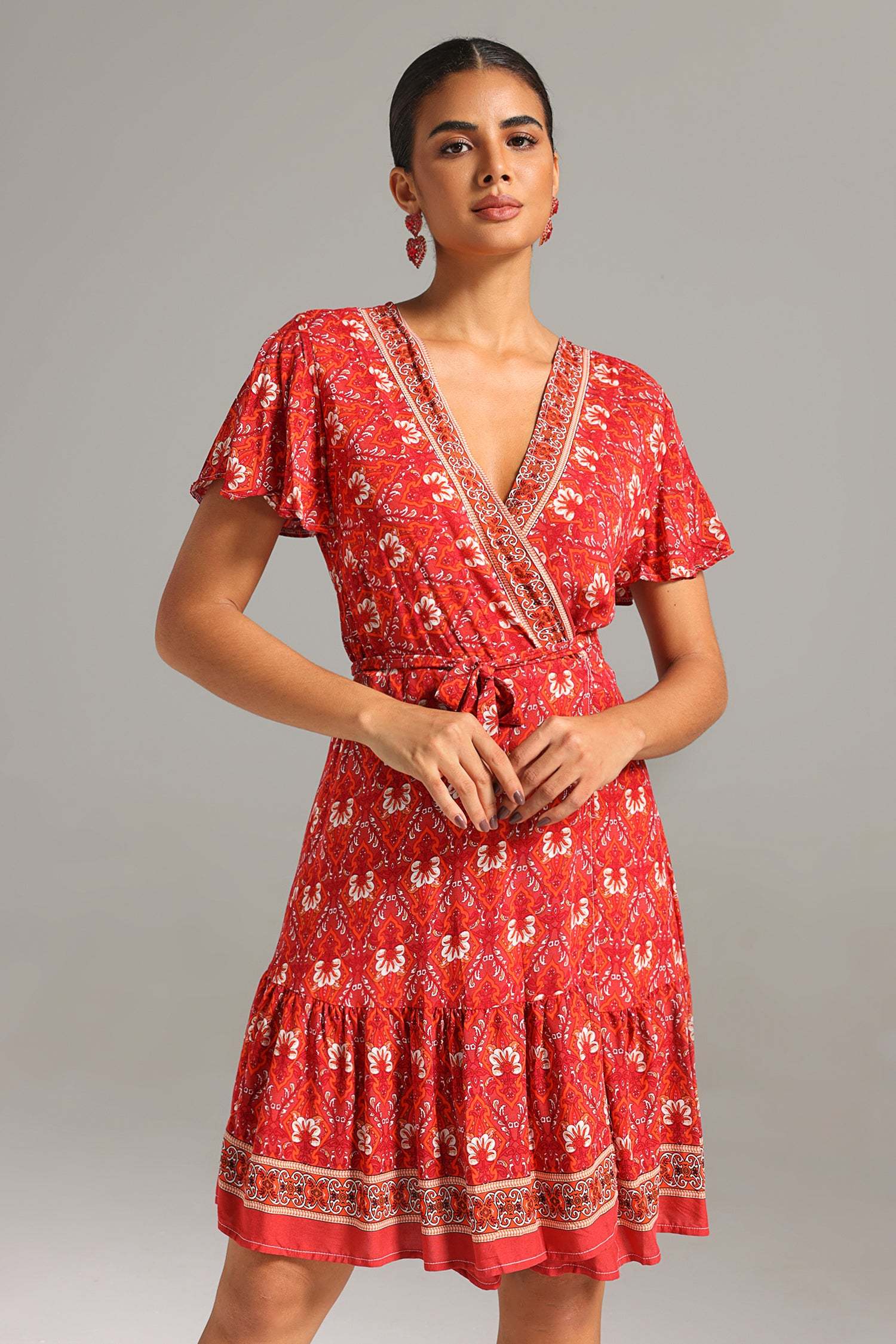 Leslie Red Floral V-Neck Flutter Sleeve Dress for Women