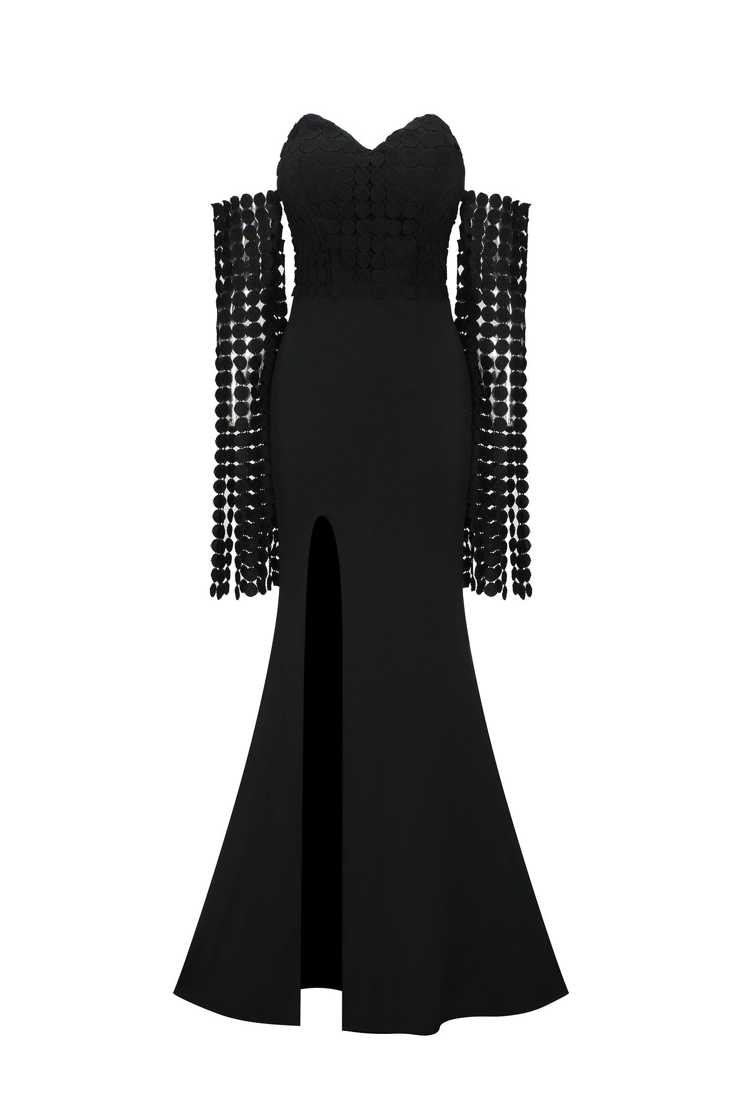 Lesly Black Strapless Maxi Dress with Thigh-High Slit and Embellishments