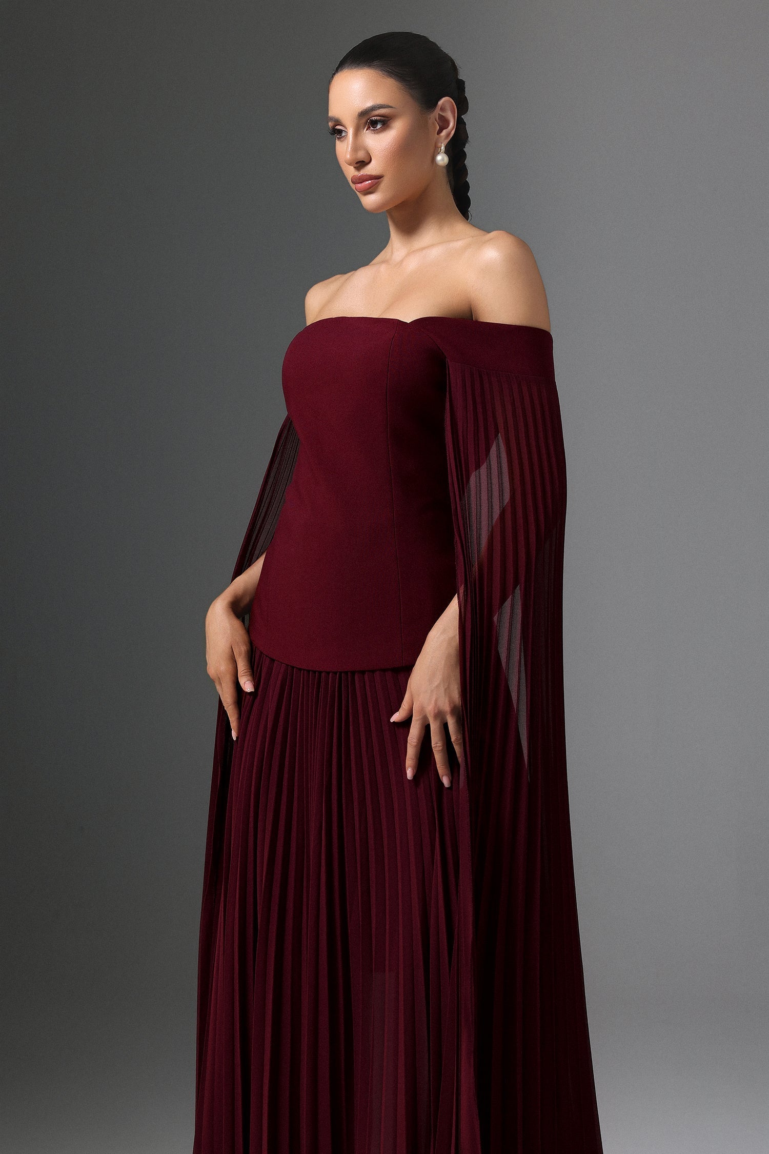 Lesly Burgundy Off-Shoulder Ruched Waist Maxi Dress with Long Sleeves