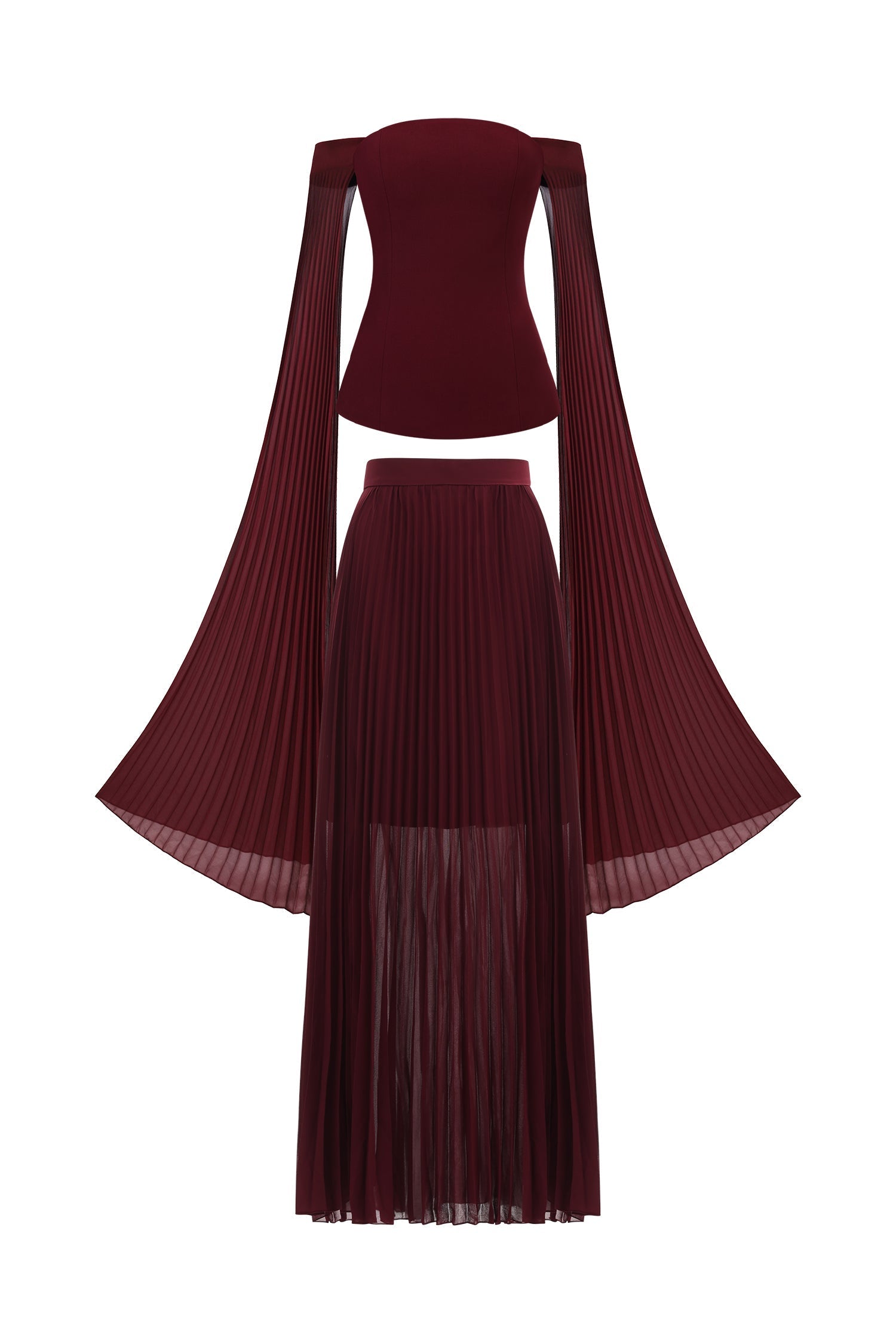Lesly Burgundy Off-the-Shoulder Ruched Maxi Dress with Long Sleeves