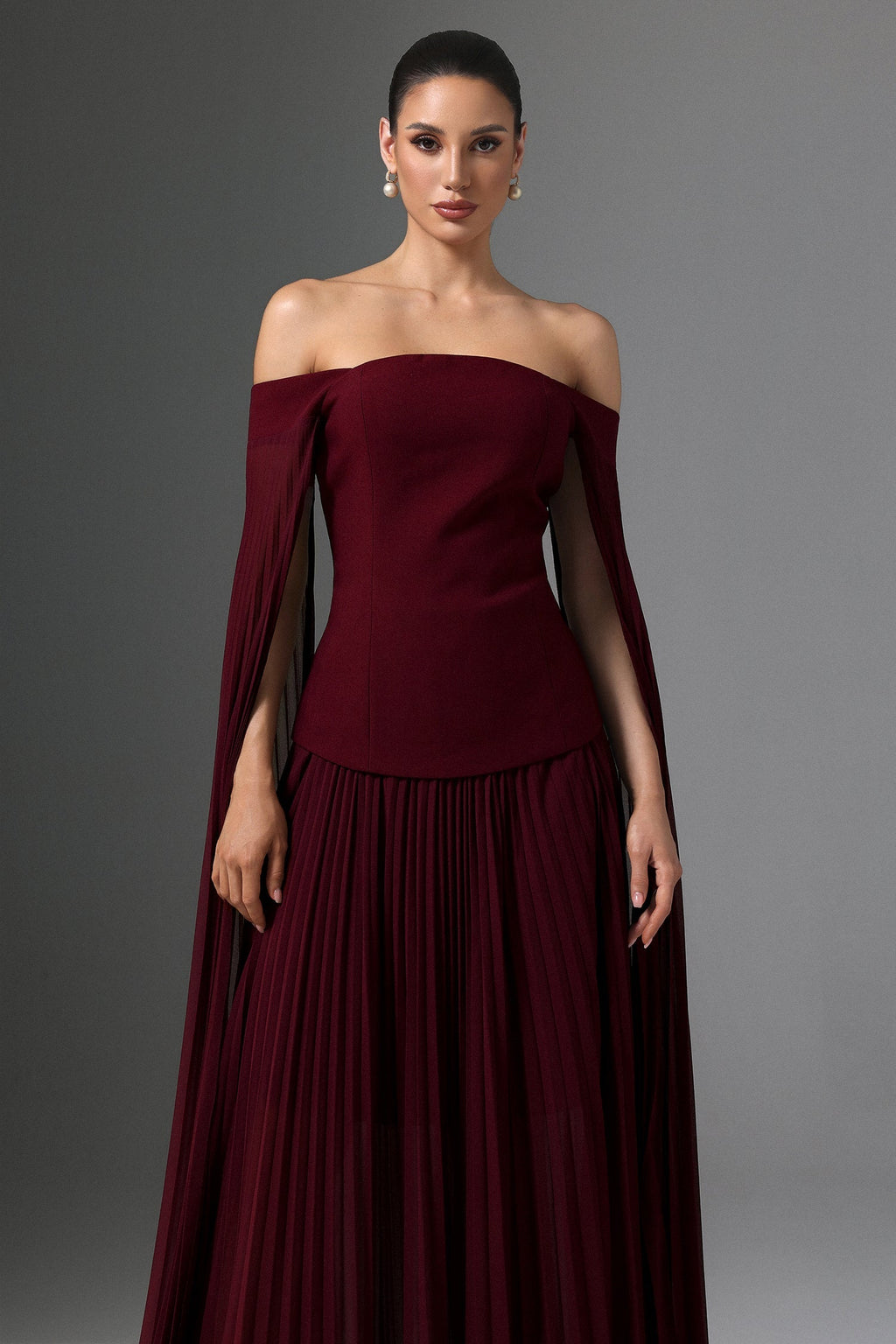 Lesly Burgundy Off-Shoulder Ruched Maxi Dress