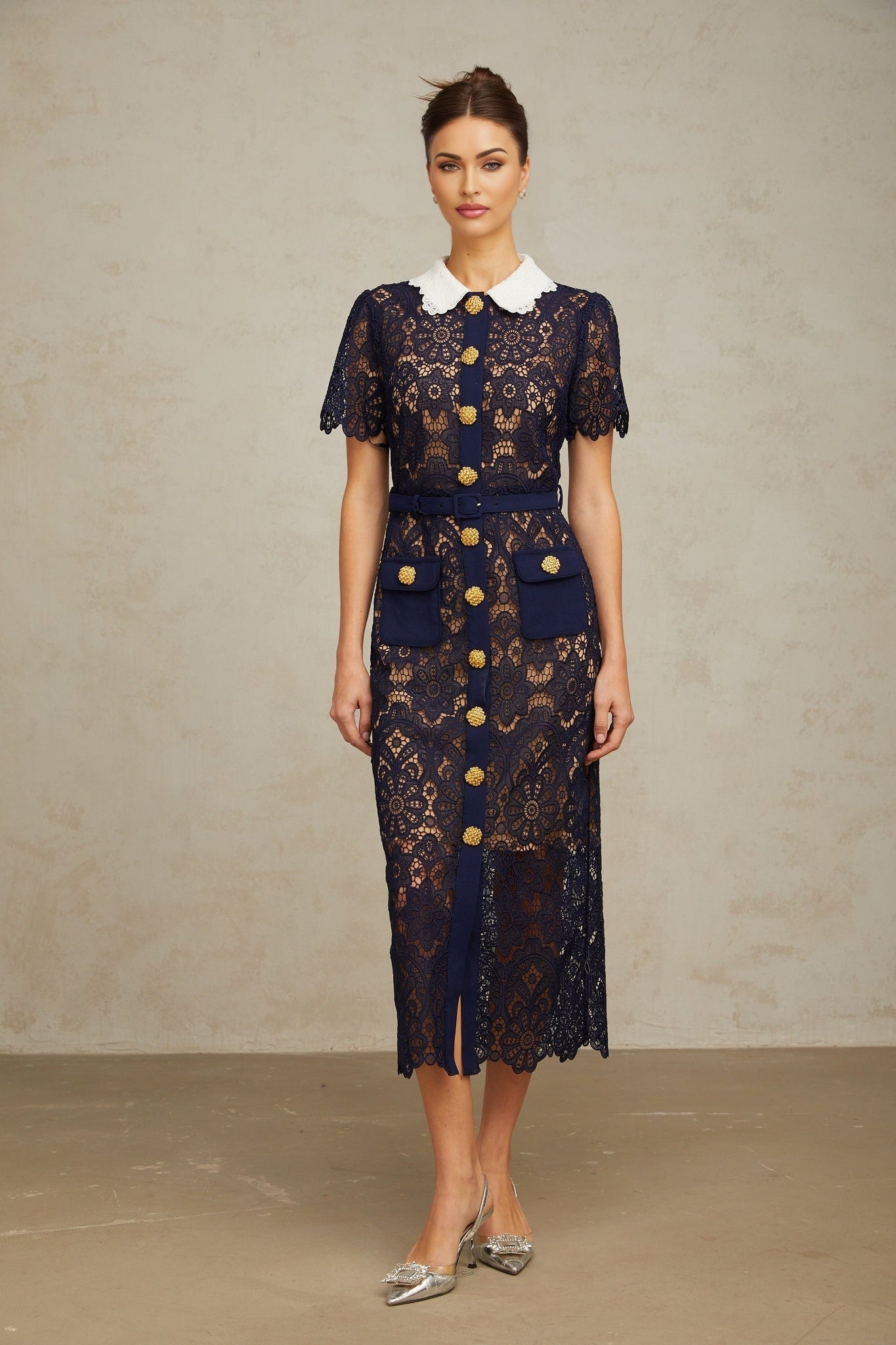 Lesly Floral Midi Dress in Dark Blue with Intricate Crochet Lace & Belted Waist