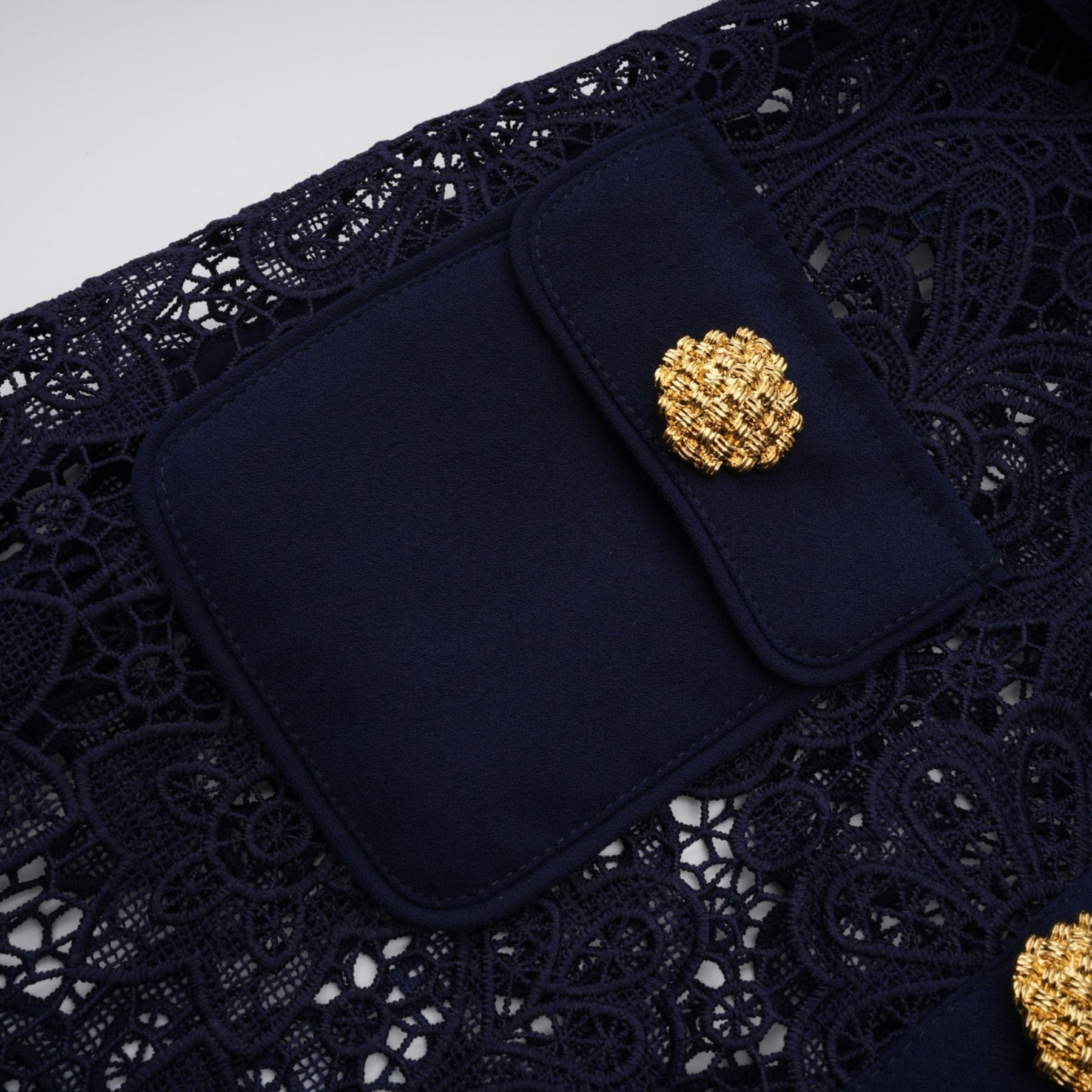 Lesly Floral Midi Dress in Dark Blue with Intricate Crochet Lace & Belted Waist