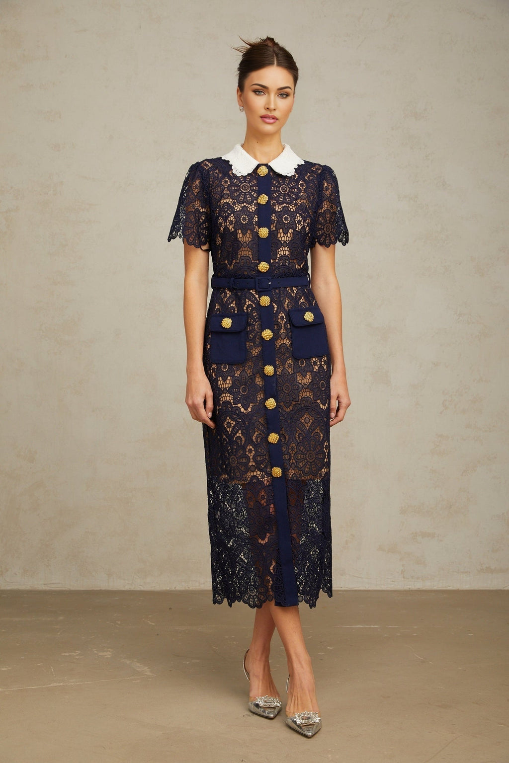 Lesly Floral Midi Dress in Dark Blue with Intricate Crochet Lace & Belted Waist