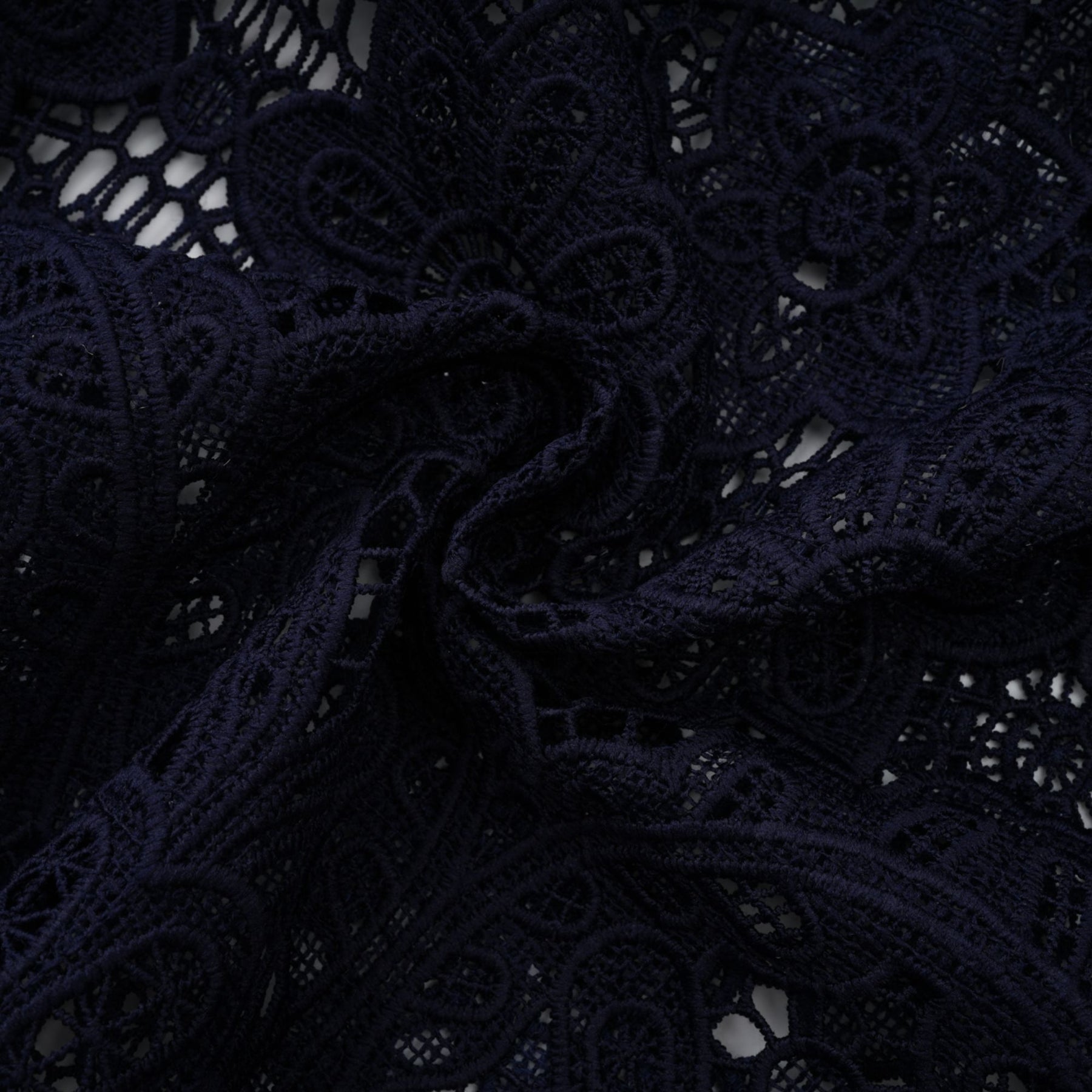 Lesly Floral Midi Dress in Dark Blue with Intricate Crochet Lace & Belted Waist
