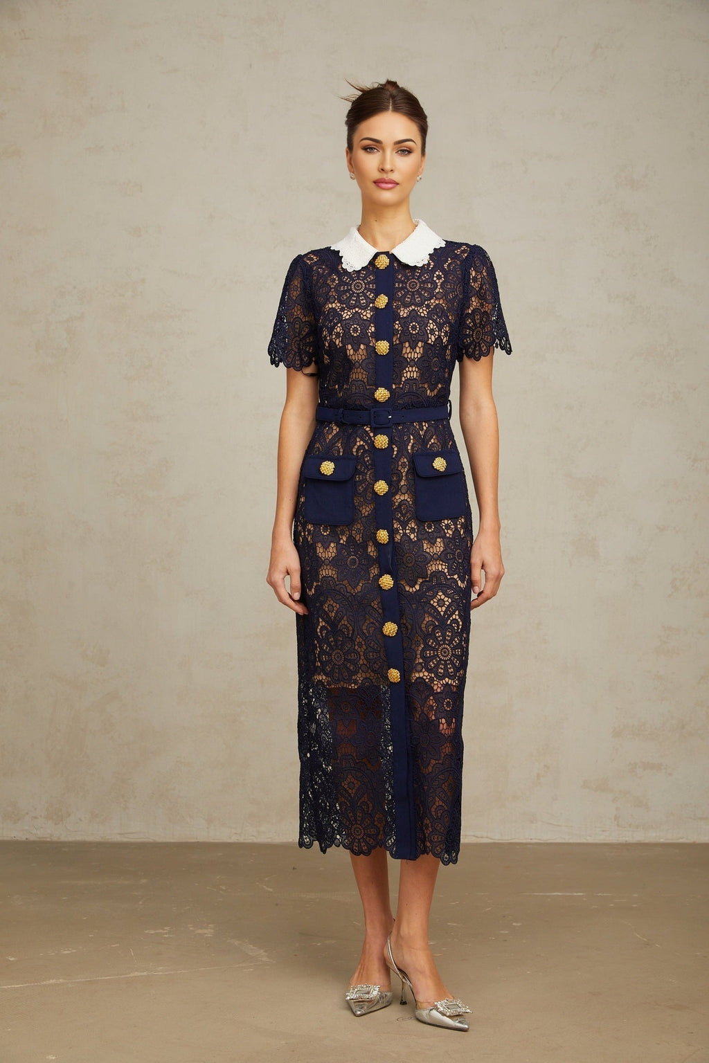 Lesly Floral Midi Dress in Dark Blue with Intricate Crochet Lace & Belted Waist