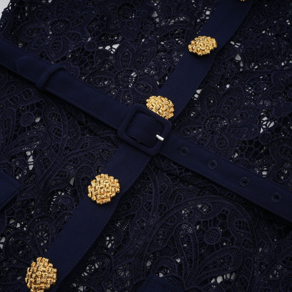 Lesly Floral Midi Dress in Dark Blue with Intricate Crochet Lace & Belted Waist