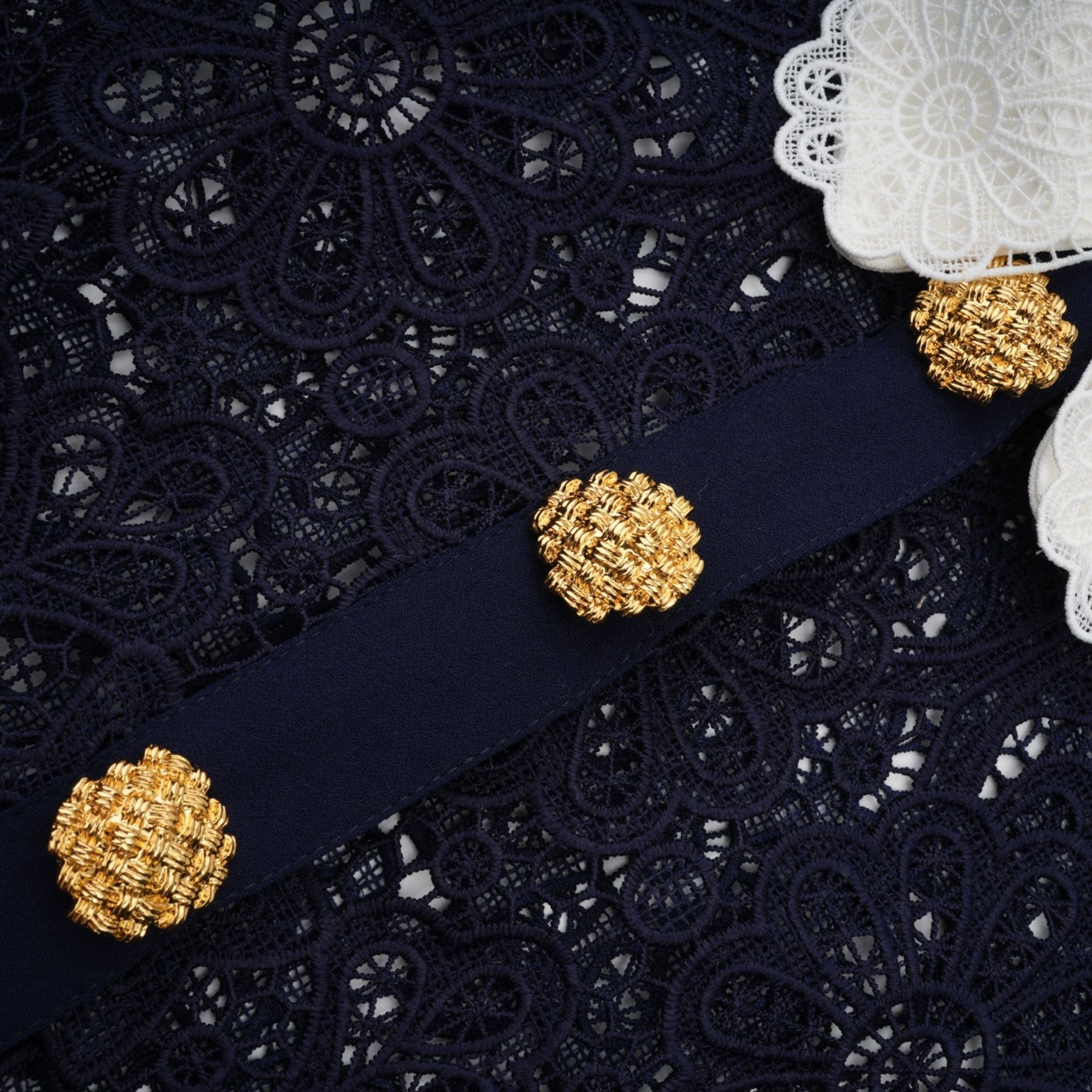 Lesly Floral Midi Dress in Dark Blue with Intricate Crochet Lace & Belted Waist
