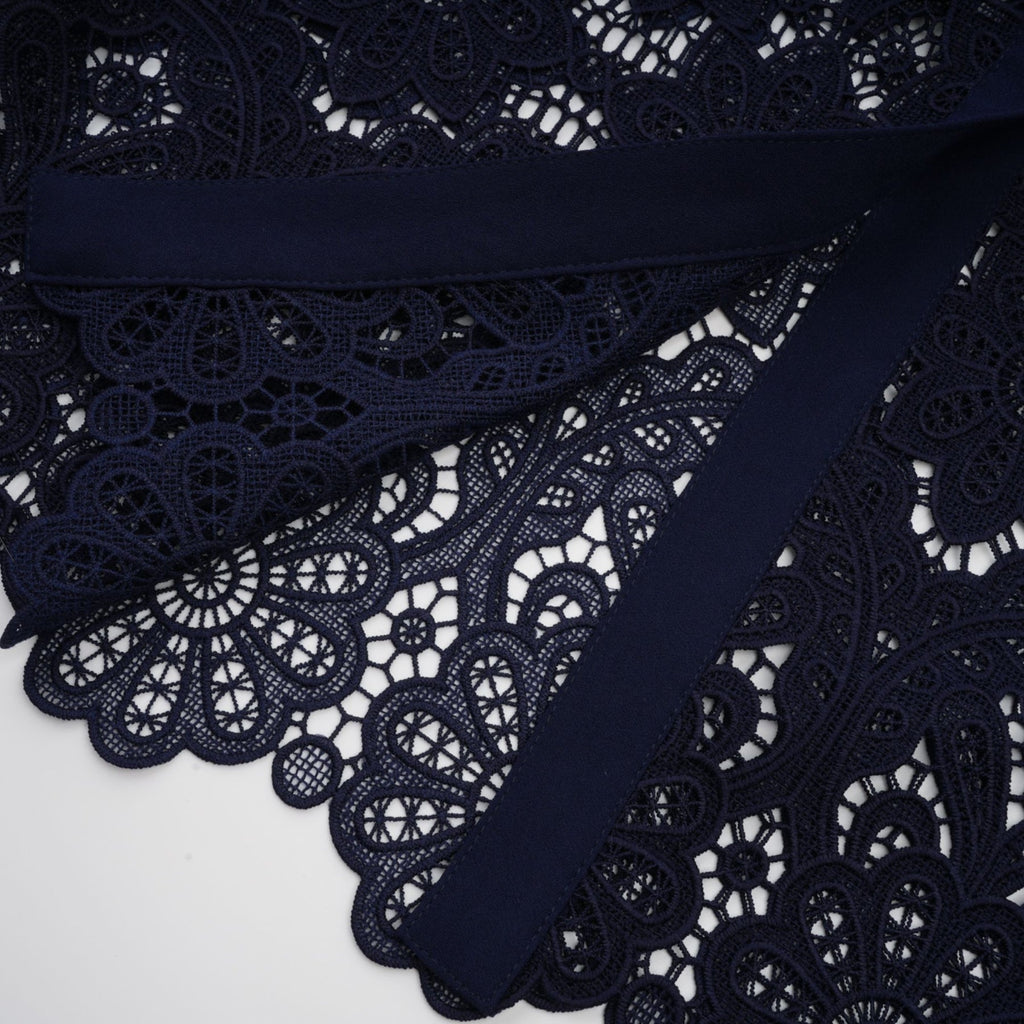 Lesly Floral Midi Dress in Dark Blue with Intricate Crochet Lace & Belted Waist