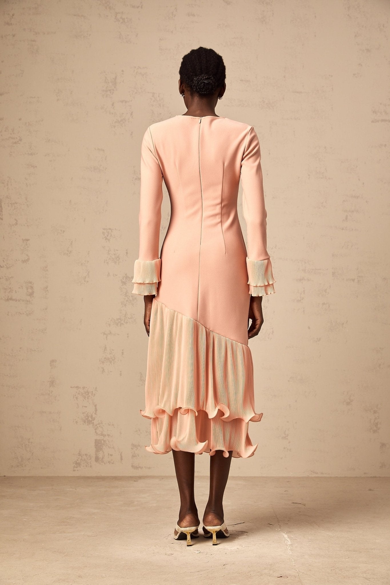 Lesly Midi Dress Pink Ruffle Panel & Cinched Waist