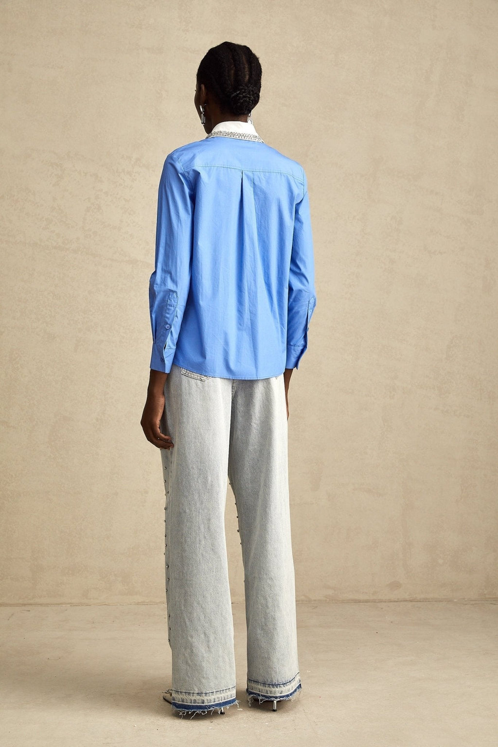 Lesly Shirt Blue Rhinestone Color Block Embellished & Chic