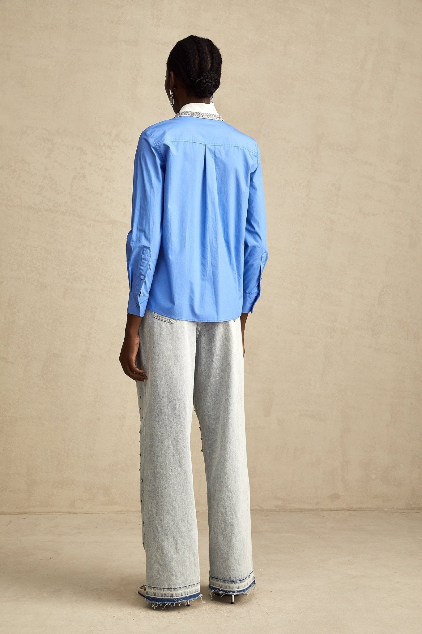 Lesly Shirt Blue Rhinestone Color Block Embellished & Chic