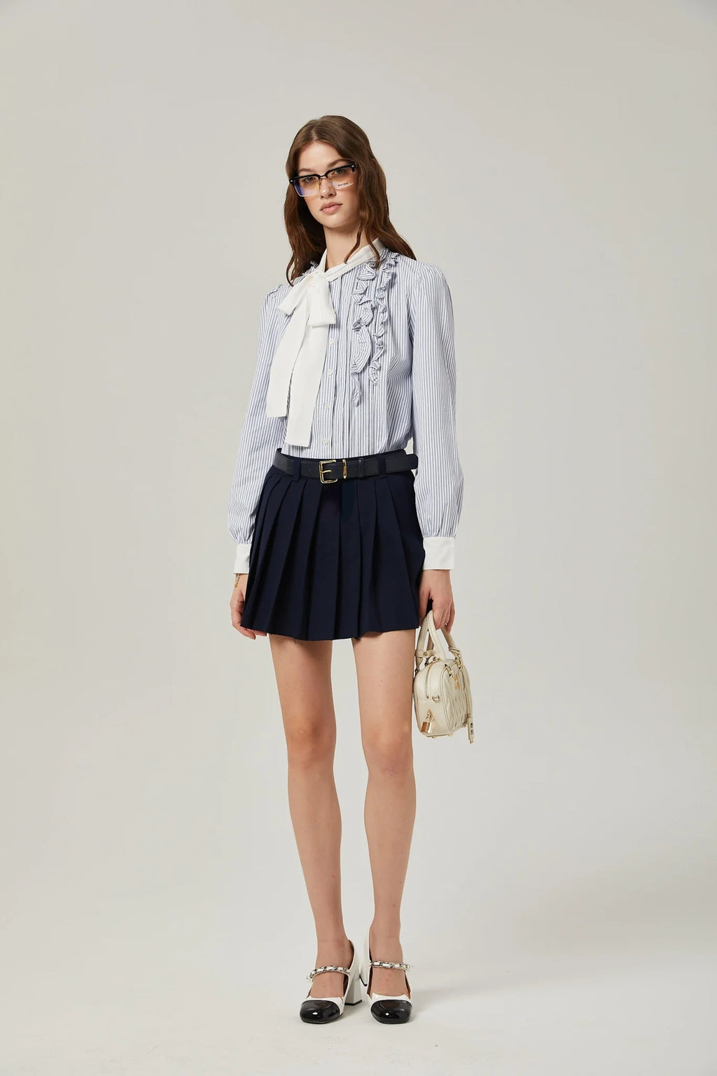 Lesly Skirt Navy Blue Embroidered Pleated ALine & Chic Mini Hem