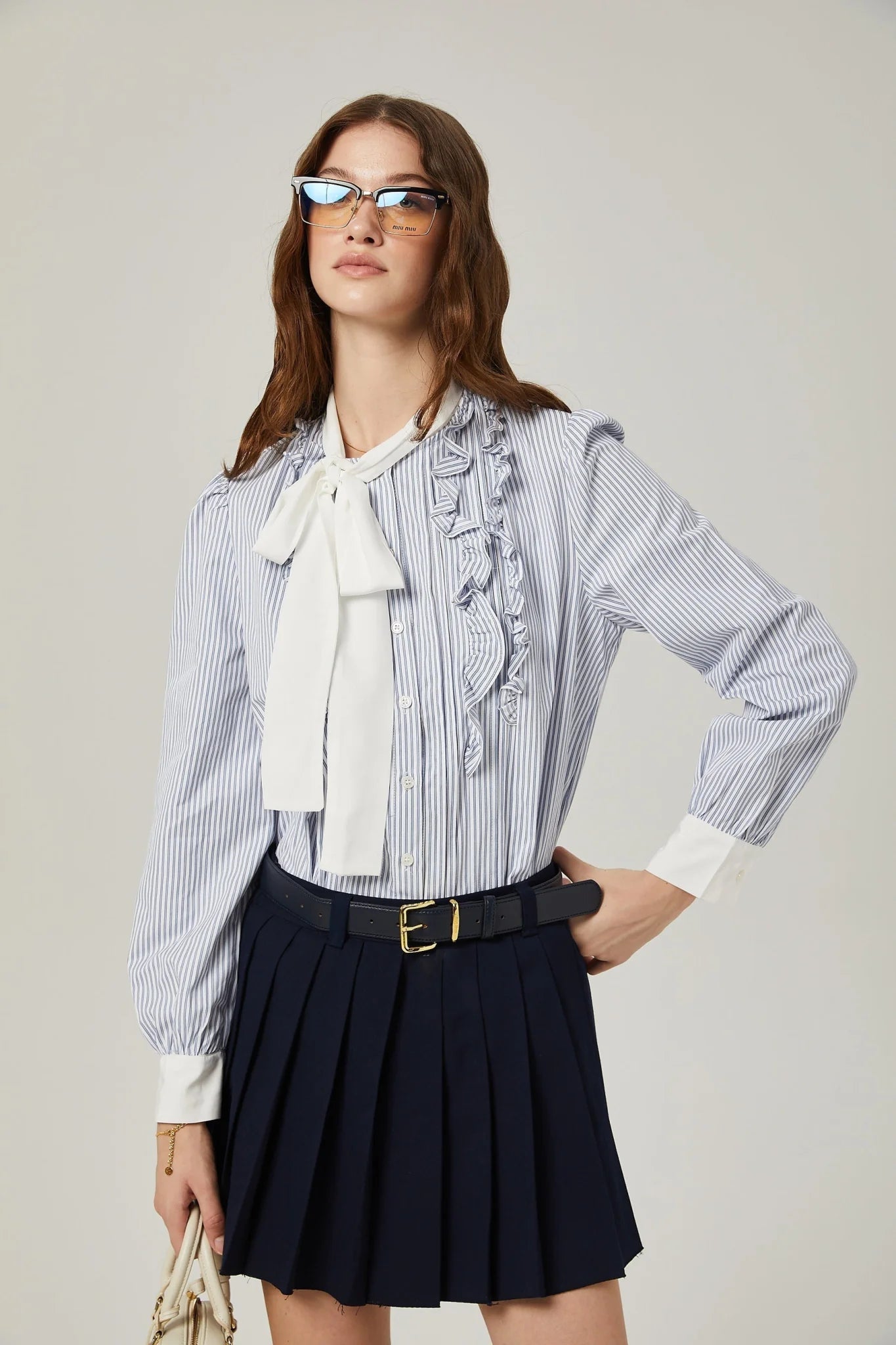 Lesly Skirt Navy Blue Embroidered Pleated ALine & Chic Mini Hem