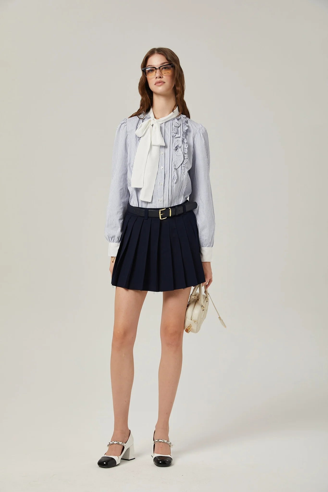 Lesly Skirt Navy Blue Embroidered Pleated ALine & Chic Mini Hem