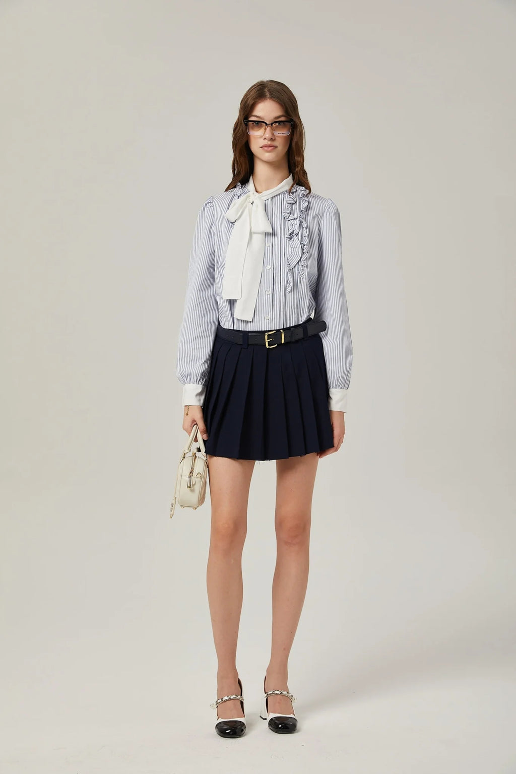 Lesly Skirt Navy Blue Embroidered Pleated ALine & Chic Mini Hem