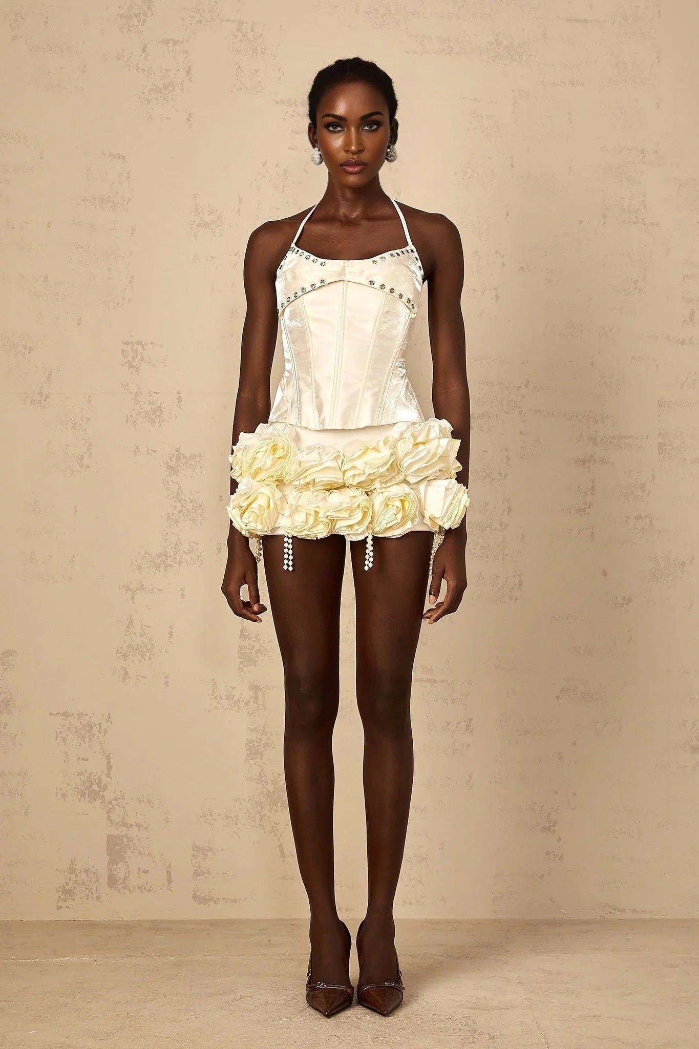 Lesly Top & Skirt Set White Floral Corset Embellished