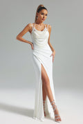 Lesly White Pearl Detail Maxi Dress with High Slit Spaghetti Straps