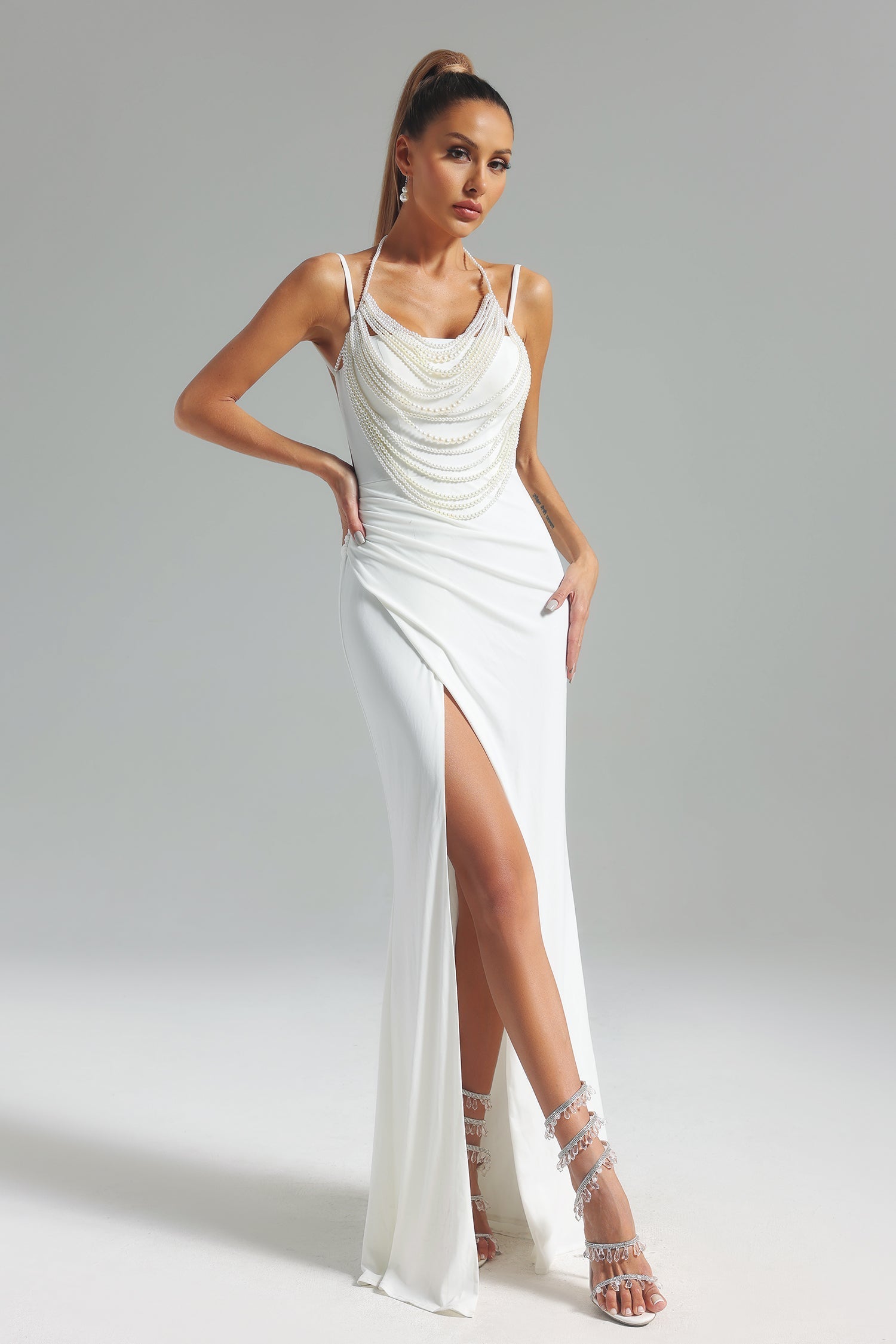 Lesly White Pearl Detail Maxi Dress with High Slit Spaghetti Straps