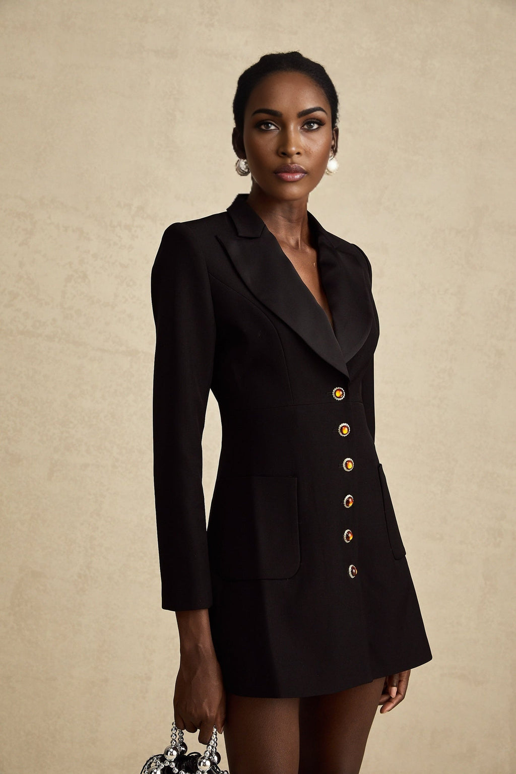 Letizia Blazer in Black Thigh Length Single Breasted Dress