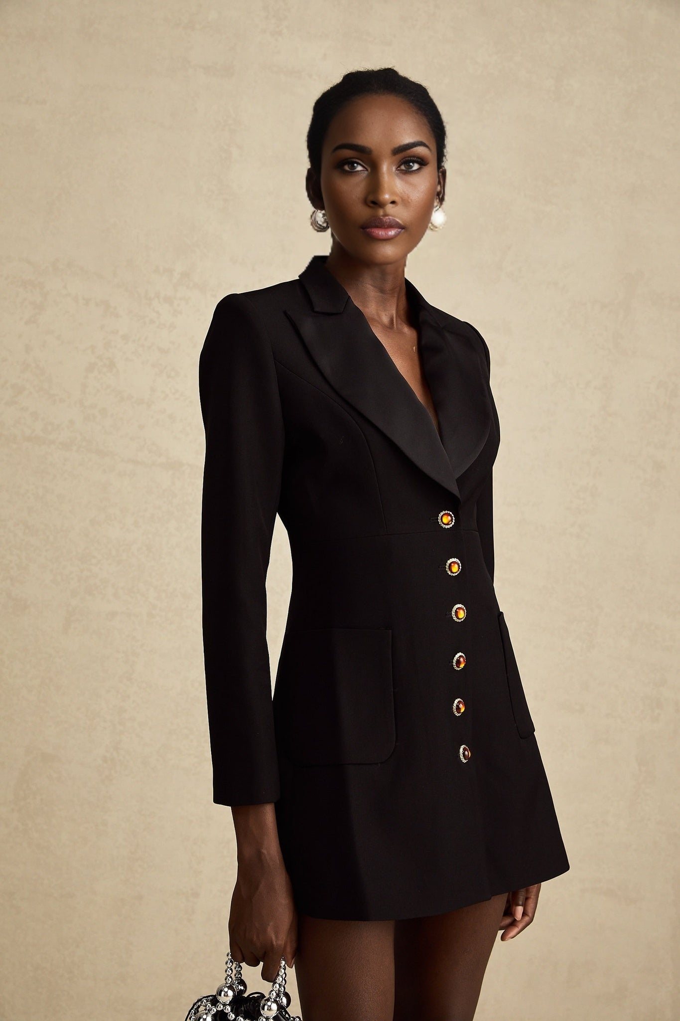 Letizia Blazer in Black Thigh Length Single Breasted Dress