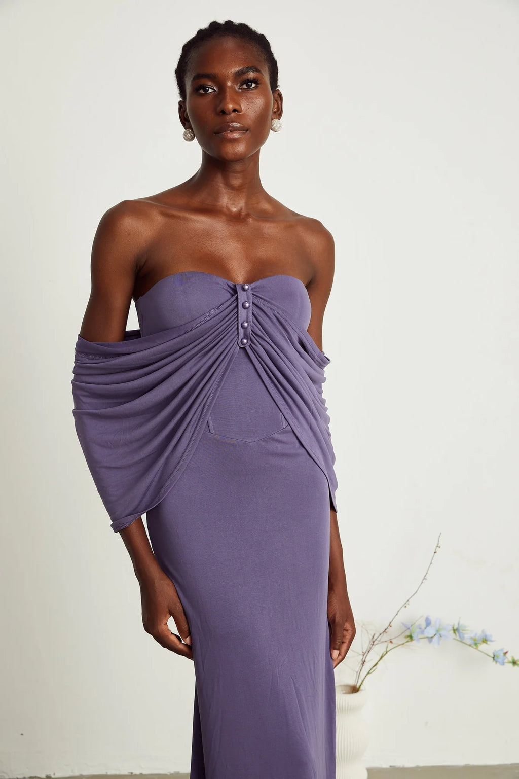 Letizia Midi Dress with Off Shoulder & Ruched Details in Purple