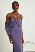 Letizia Midi Dress with Off Shoulder & Ruched Details in Purple