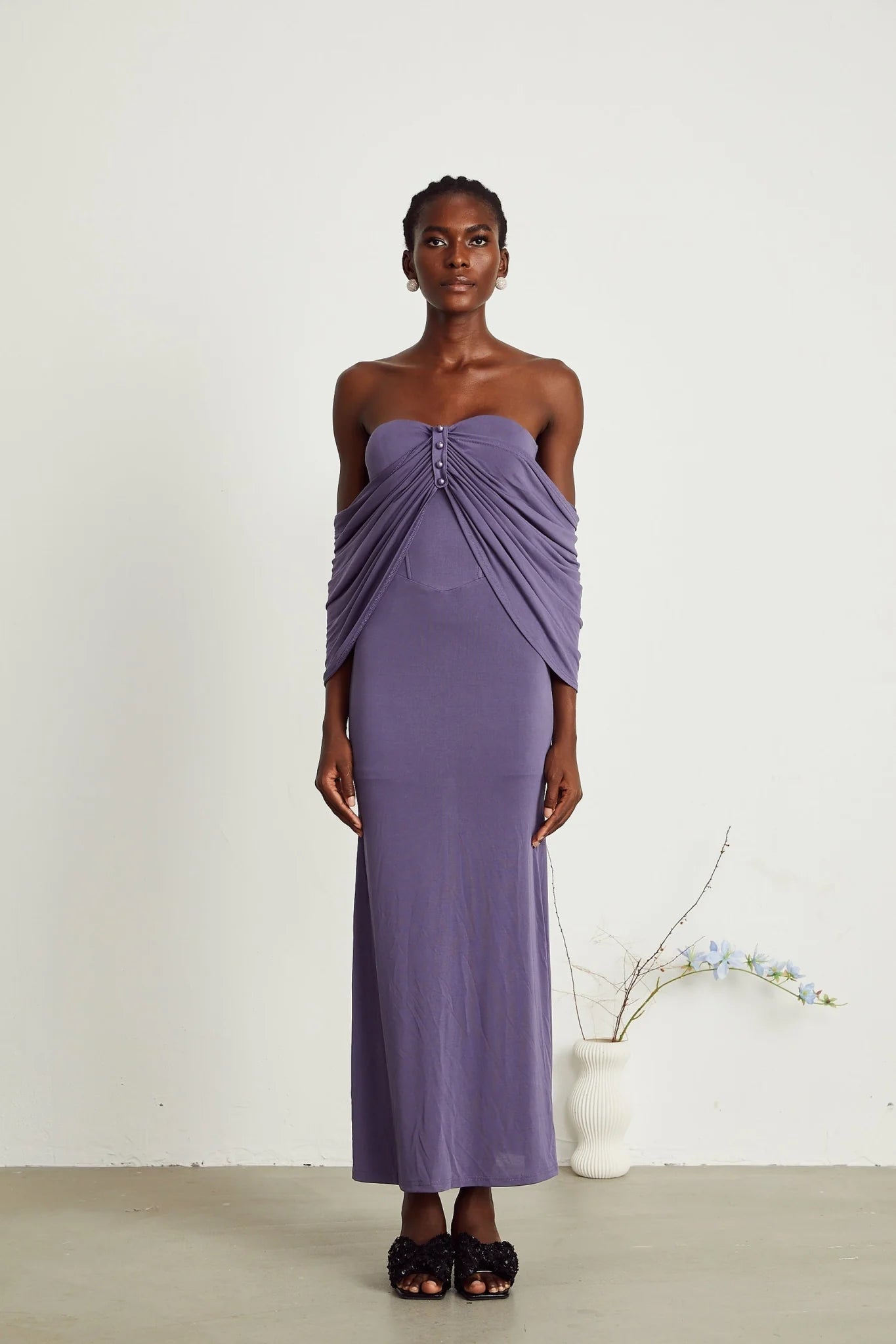 Letizia Midi Dress with Off Shoulder & Ruched Details in Purple