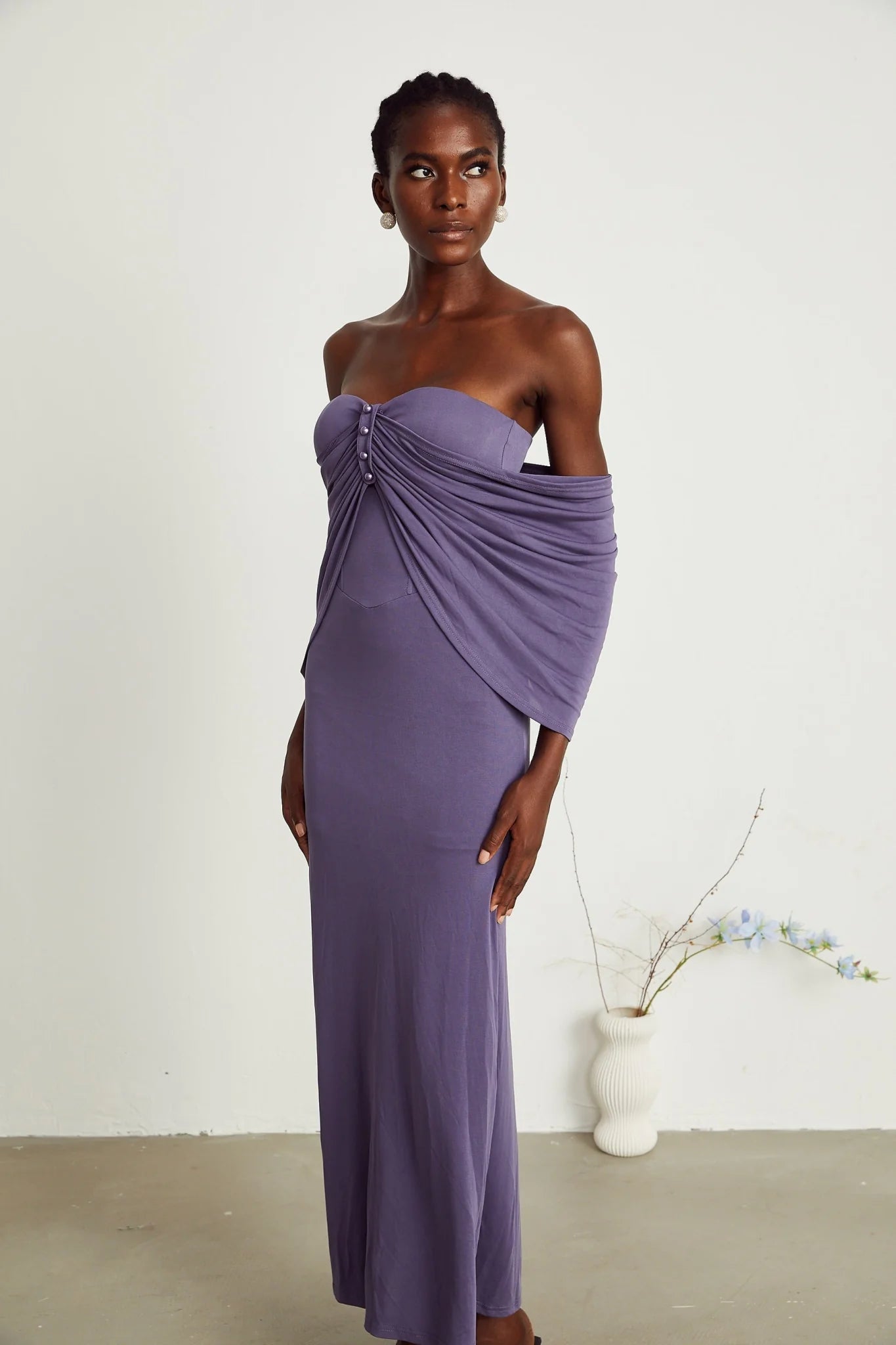 Letizia Midi Dress with Off Shoulder & Ruched Details in Purple