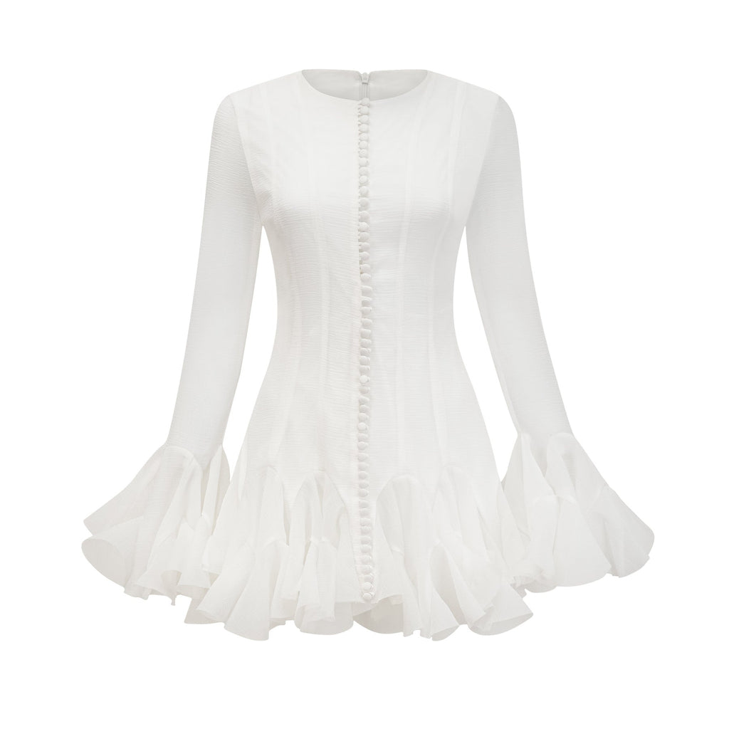 Letizia Mini Dress White Flared Sleeves Sheer Button Hem