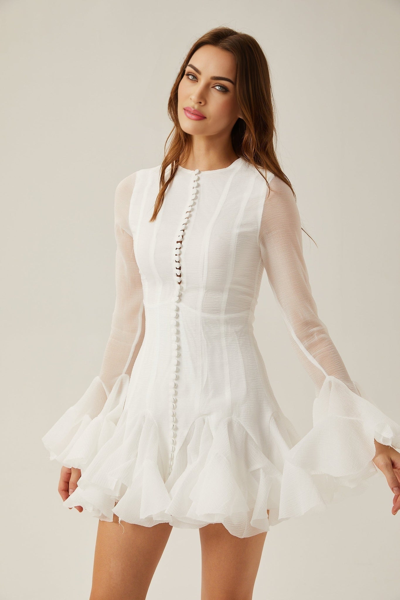 Letizia Mini Dress White Flared Sleeves Sheer Button Hem