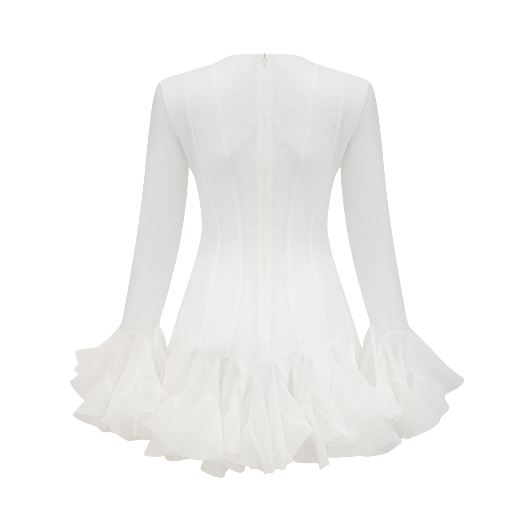Letizia Mini Dress White Flared Sleeves Sheer Button Hem