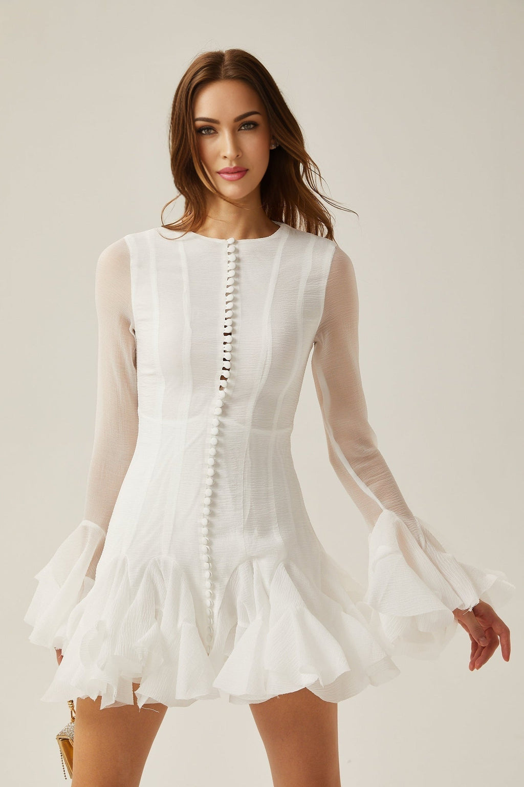 Letizia Mini Dress White Flared Sleeves Sheer Button Hem