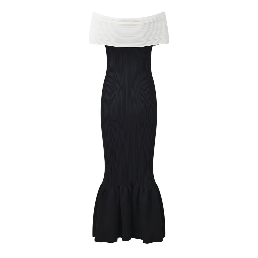 Lexi Dress - Fitted Silhouette With Flared Bottom - Off - Shoulder Design With Bow Detail - Bodycon Fit Enhancing Curves - Decorative Bow and Pleating