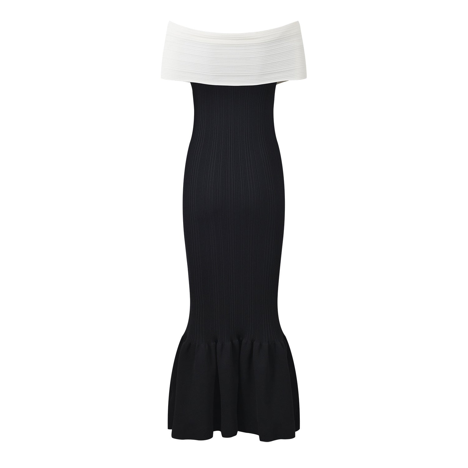 Lexi Dress - Fitted Silhouette With Flared Bottom - Off - Shoulder Design With Bow Detail - Bodycon Fit Enhancing Curves - Decorative Bow and Pleating