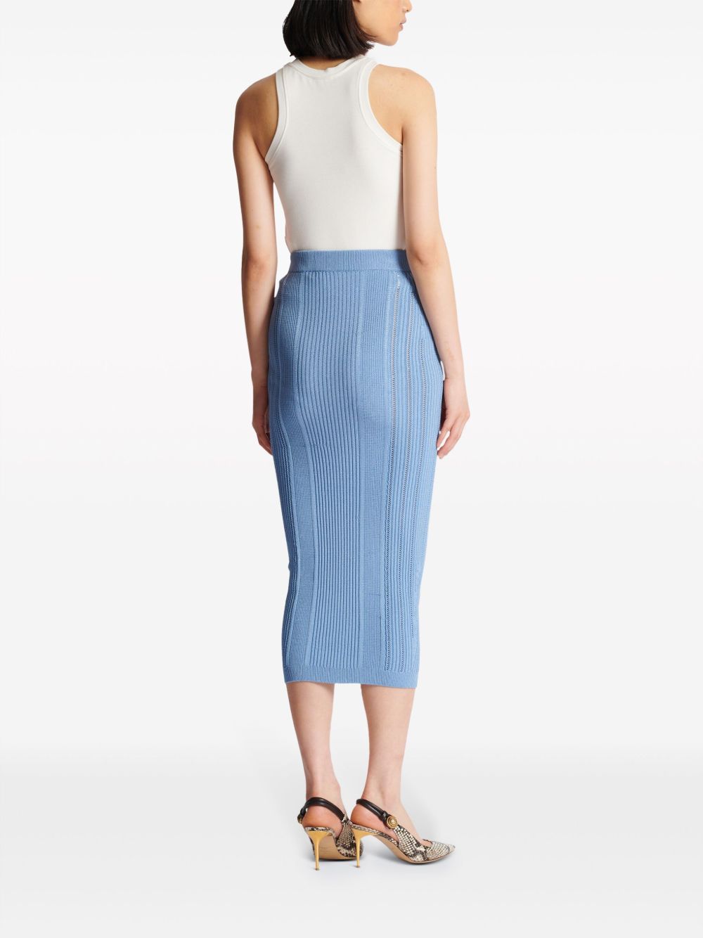 Lexi Midi Skirt - Slim Fit - Ribbed Texture - High - Waisted Design - Statement Gold Buttons - Versatile Styling