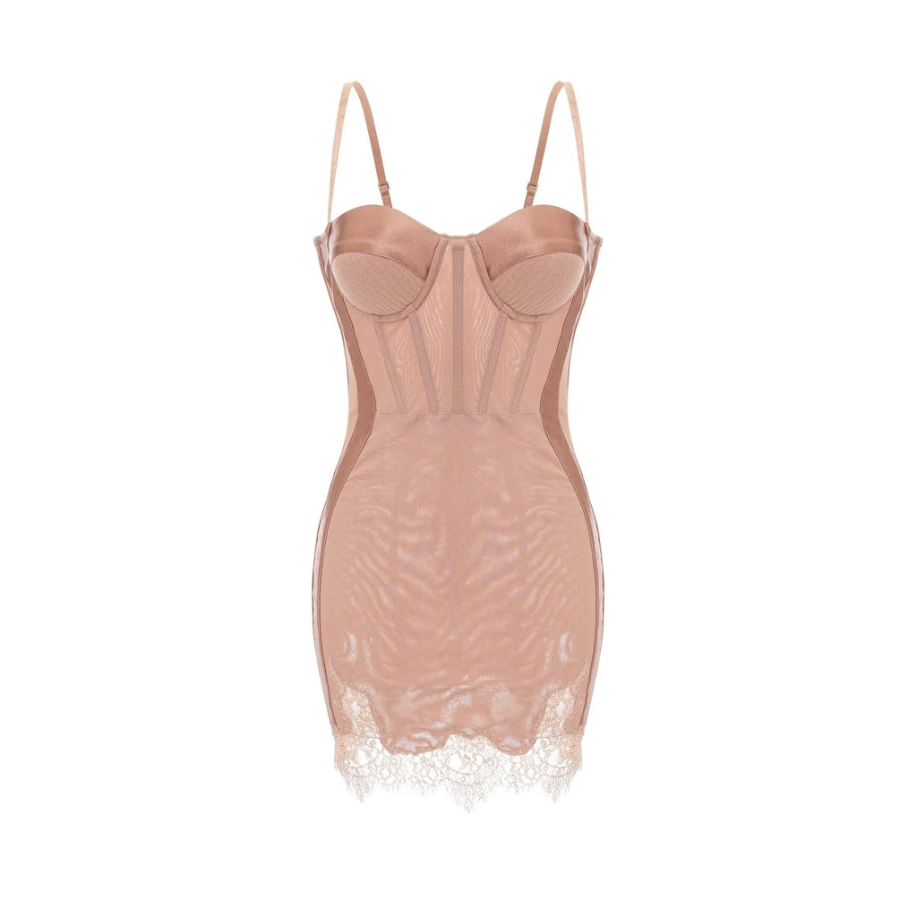 Lexi Mini Dress Pink Bustier Lace Hem & Spaghetti Straps