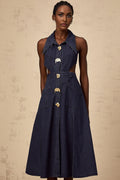 Lia Midi Dress Dark Blue Pointed Collar Cut Out Slit Pockets Buttons