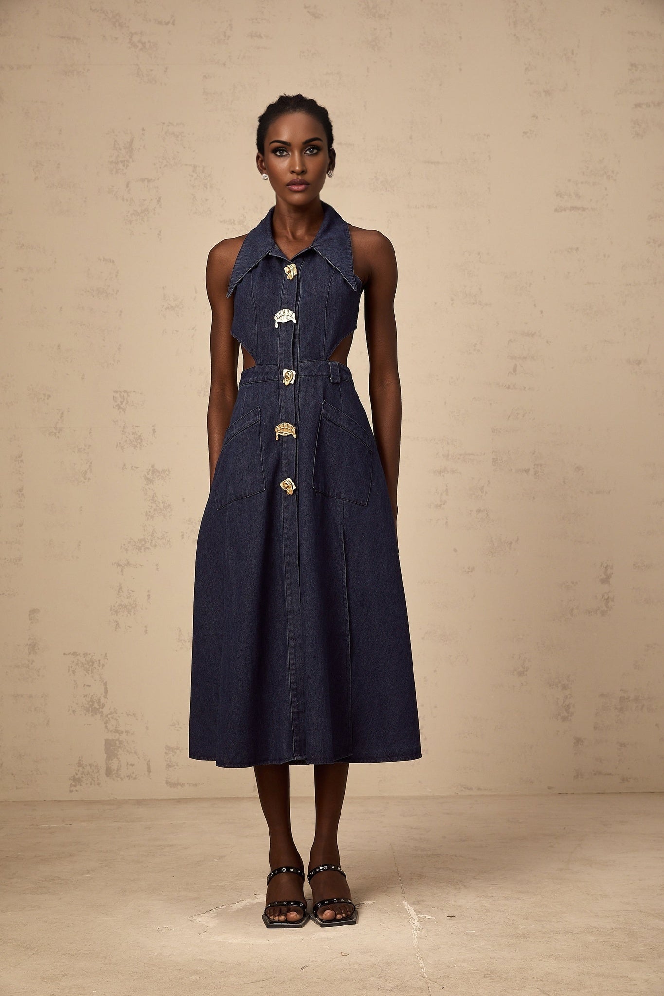 Lia Midi Dress Dark Blue Pointed Collar Cut Out Slit Pockets Buttons