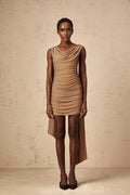 Lia Mini Dress Brown Rhinestone Ribbon Ruched Zip & Thigh Length