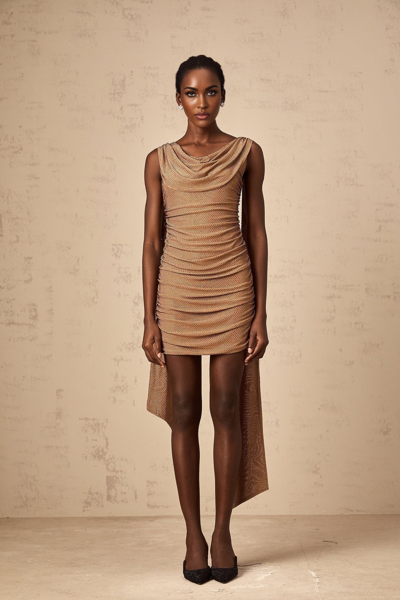 Lia Mini Dress Brown Rhinestone Ribbon Ruched Zip & Thigh Length