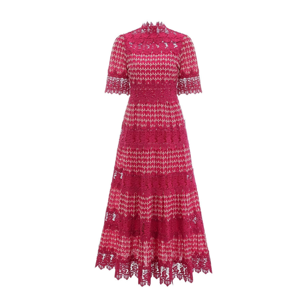 Liana Maxi Dress in Bold Red with Scallop Pattern & Lace Paneling