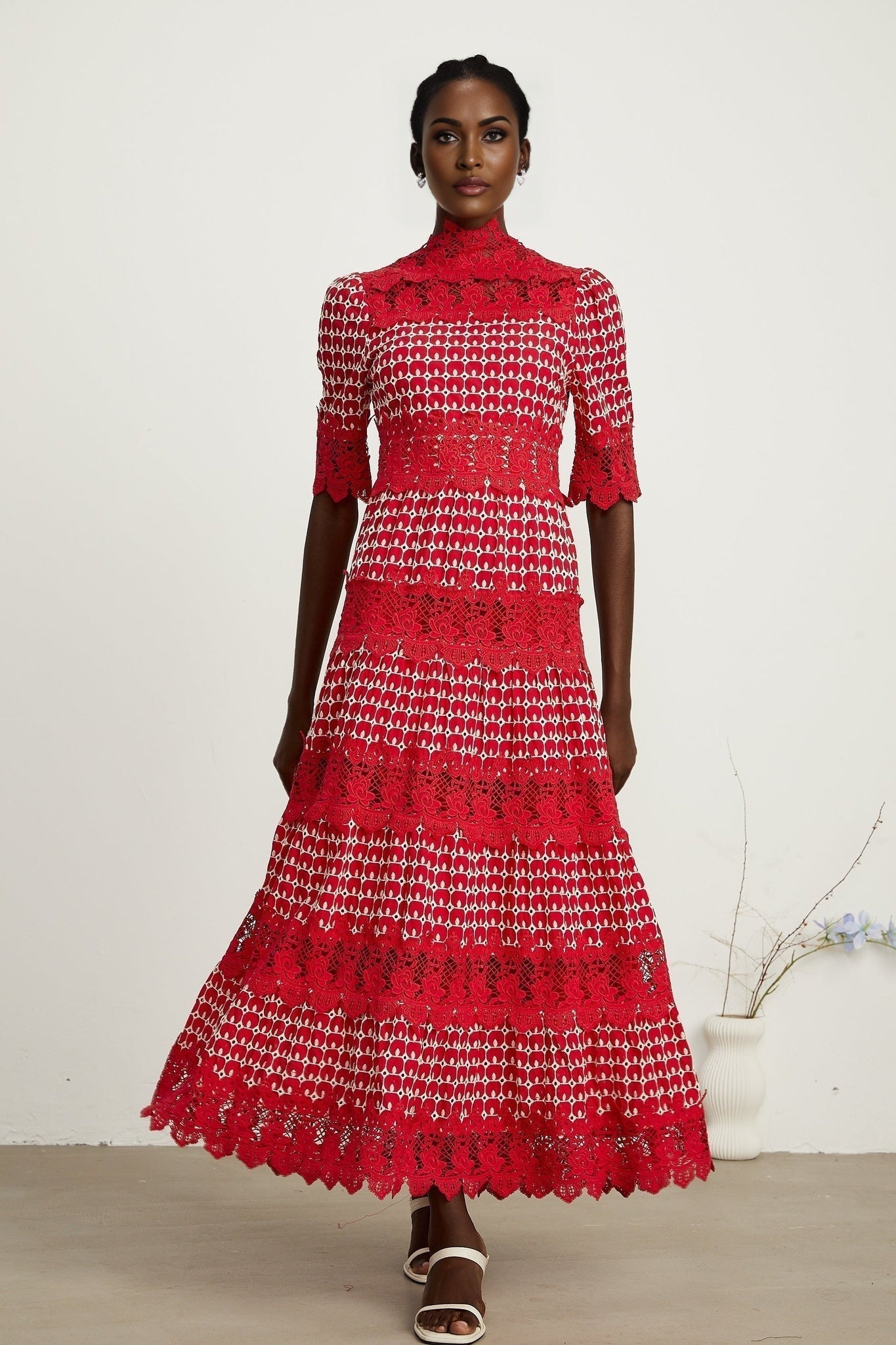 Liana Maxi Dress in Bold Red with Scallop Pattern & Lace Paneling