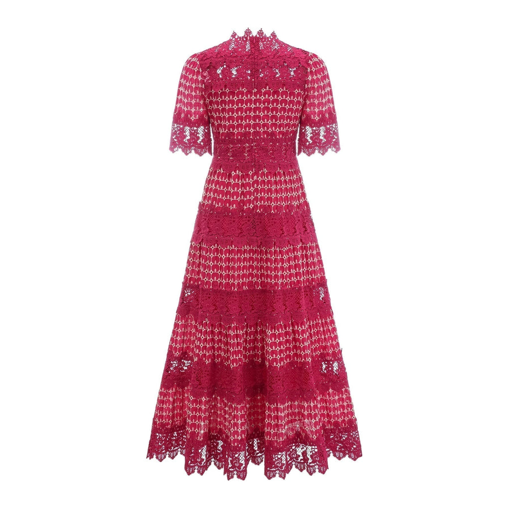 Liana Maxi Dress in Bold Red with Scallop Pattern & Lace Paneling